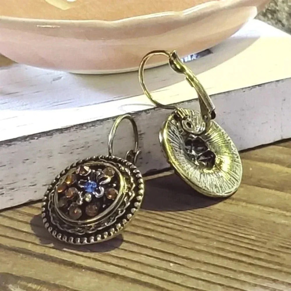 Antique Brass Orange Blue Rhinestone Art Nouveau Style Leverback Earrings - Picture 6 of 12